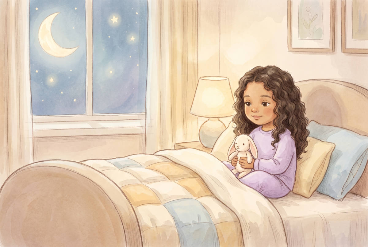 Olivia sits on her bed holding a small cream rabbit, a warm lamp beside her and a crescent moon at the window.