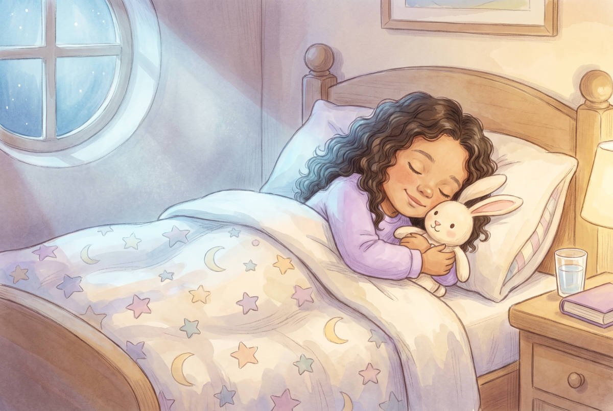 Olivia is tucked into bed hugging her rabbit, moonlight falling softly across the blanket.